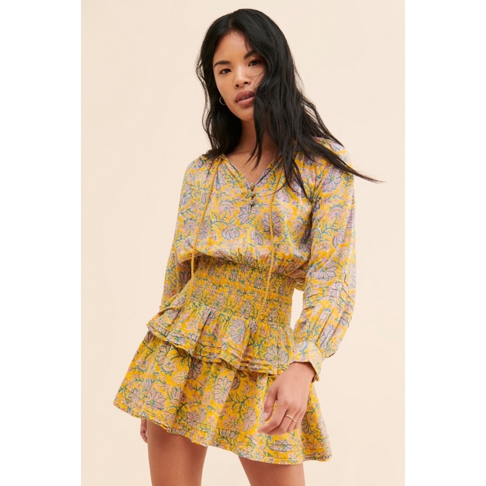 Cleobella Blanca Mini Dress Medium Yellow Block Print Floral Smocked Tiered Boho
